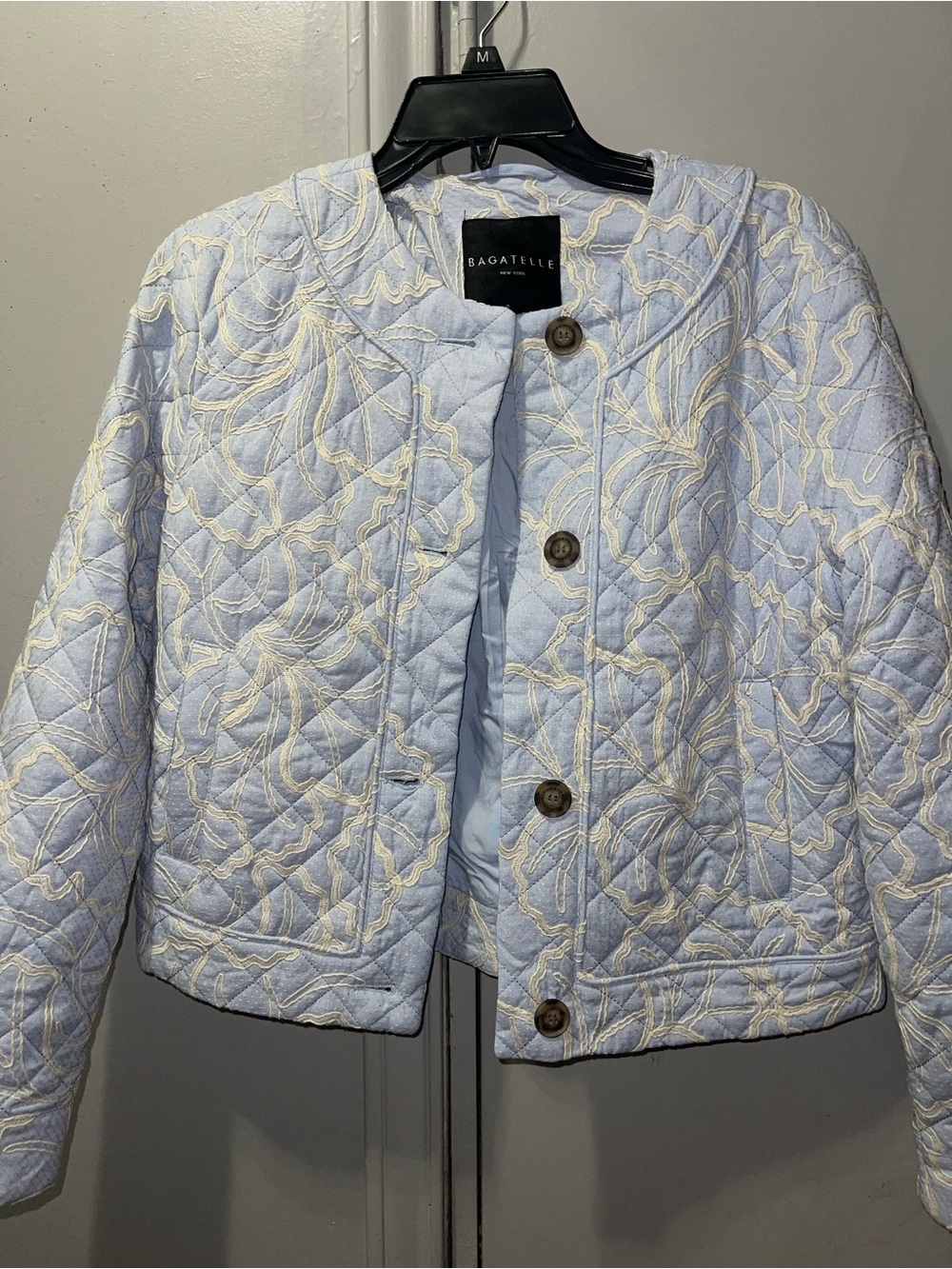 bagatelle Pale Blue Quilted Jacket with Ivory Embroidery